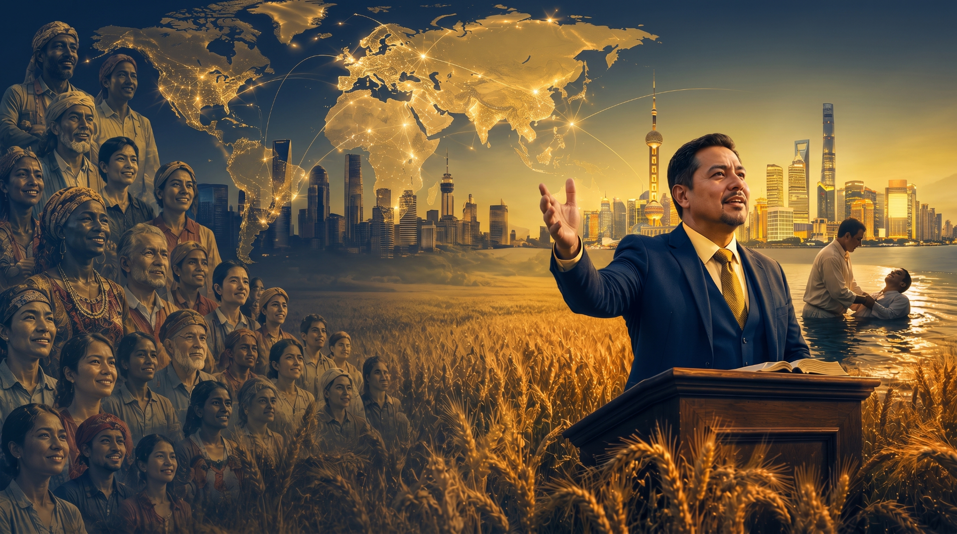 Preacher proclaiming the gospel with a glowing world map, ripening wheat fields, diverse peoples, and a river baptism